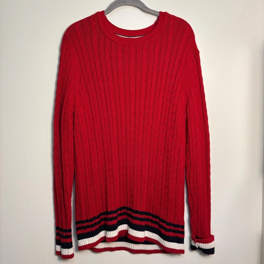 Tommy Hilfiger XL Cable Knit Sweater 100% Cotton Red Striped Preppy Fisherman